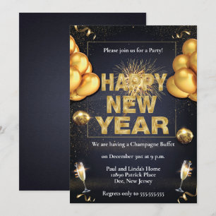 Black & Golden Balloons New Years Party Invitation