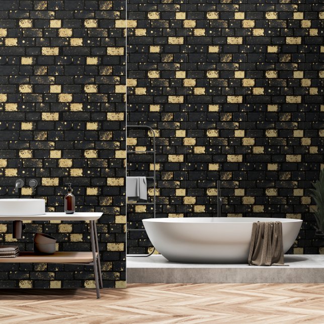 Black Golden Brock Pattern Wallpaper (Bathroom)