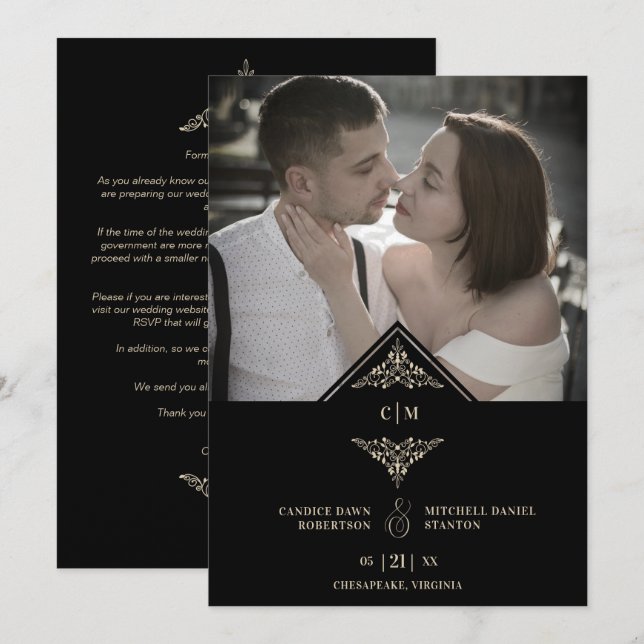 Black Golden Chic Lace Romantic Couple Wedding Save The Date (Front/Back)
