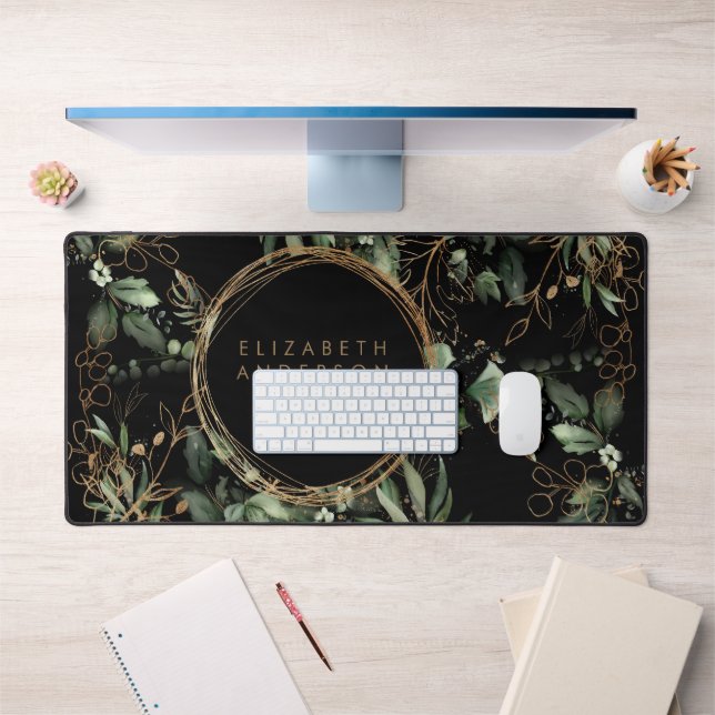 Black Golden Circles Eucalyptus Elegant Big Mouse Desk Mat (Office 1)