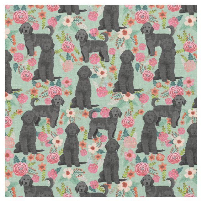 Black Golden Doodle vintage florals mint Fabric (Close Up)