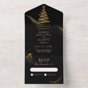 black golden elegant christmas tree wedding all in one invitation