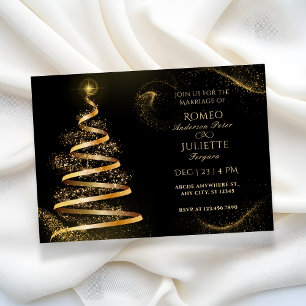 black golden elegant christmas tree wedding invitation