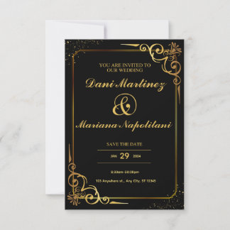 Black Golden Elegant Modern Minimalist Wedding Invitation