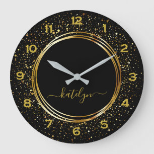 Black Golden glitter dust Monogram Large Clock
