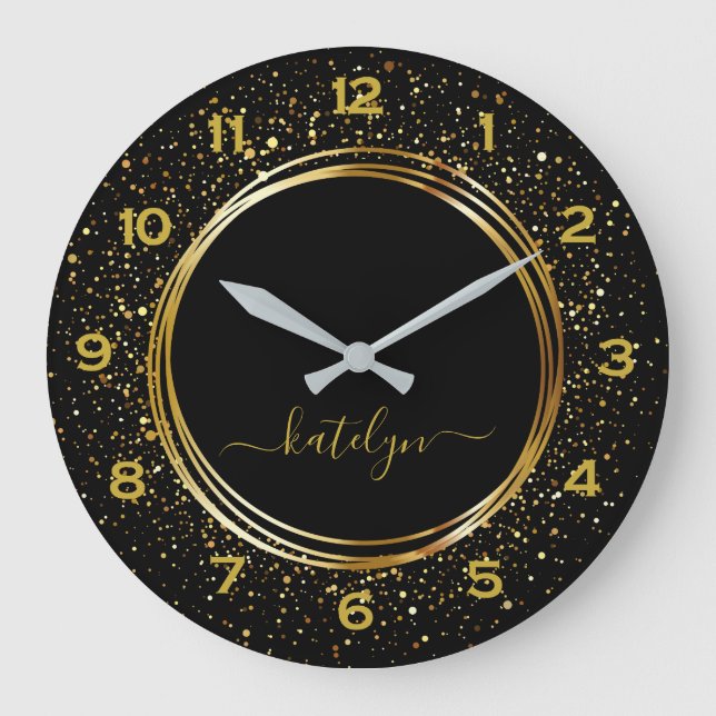 Black Golden glitter dust  Monogram Large Clock (Front)