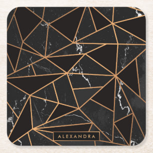 Black & Golden Marble Mosaic Square Paper Coaster