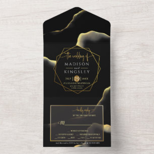 Black & Golden 💍 Modern Abstract Inky Oil All In One Invitation