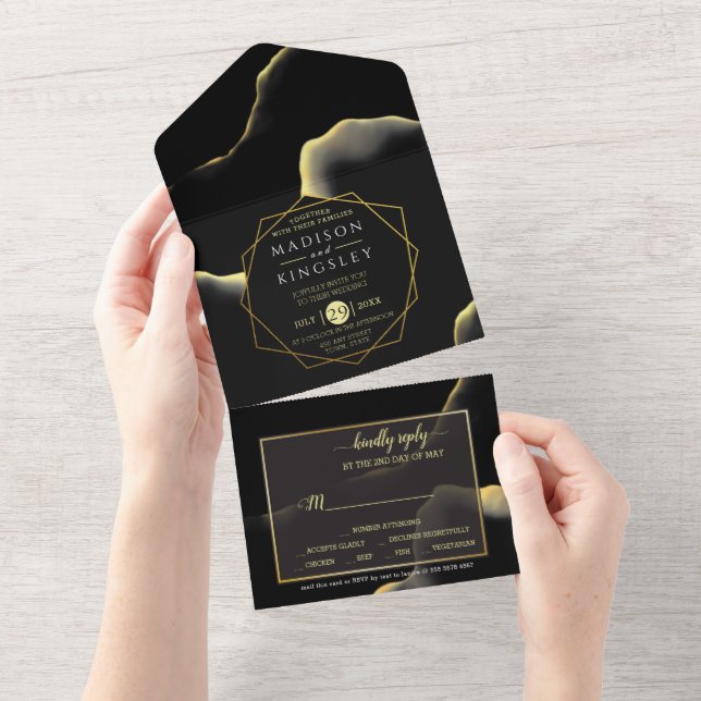 Black & Golden 💍 Modern Abstract Inky Oil All In One Invitation (Tearaway)