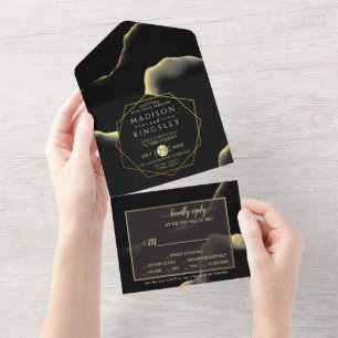 Black & Golden 💍 Modern Abstract Inky Oil All In One Invitation