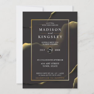 Black & Golden 💍 Modern Abstract Inky Oil Invitation