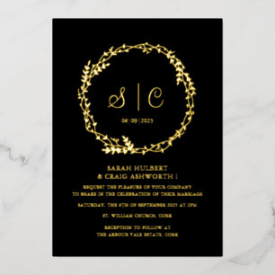 Black Golden Monograms Floral Botanicals Wreath 