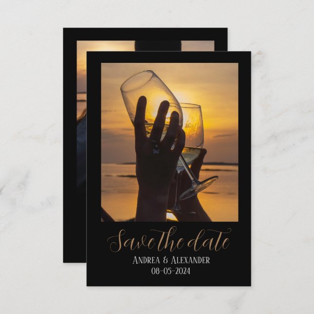Black golden photo front+back Save The Date Card (Front/Back)