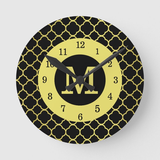 Black Golden Quatrefoil Monogrammed Round Clock (Front)