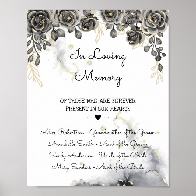 Black & Golden Rose In Loving Memory Wedding Sign (Front)