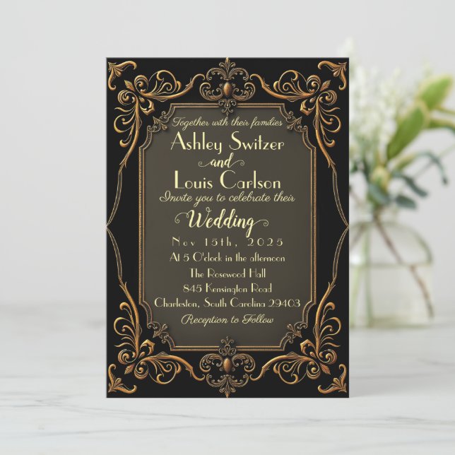 Black Golden Victorian Lace Wedding Invitation (Standing Front)
