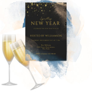 Black Golden   Watercolor Sparkling New Year Party Holiday Card
