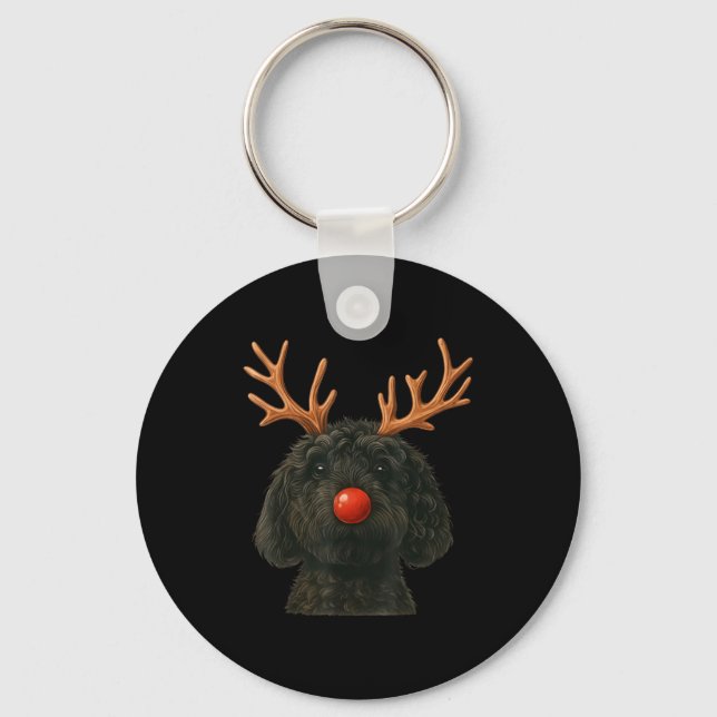 Black Goldendoodle Christmas Lights Santa Hat Blac Keychain (Front)