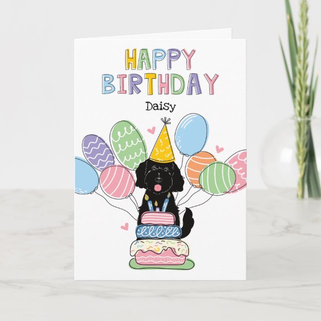 Black Goldendoodle Dog Happy Birthday Card (Front)