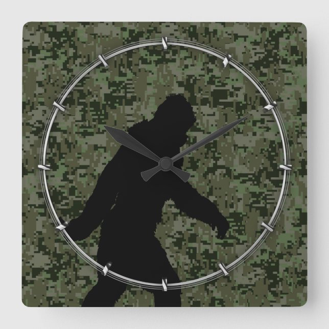 Black Gone Squatchin Woodland Digital Camouflage Square Wall Clock (Front)