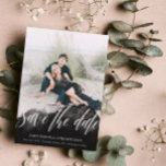 Black Gossamer Overlay Double Sided Photo Save The Save The Date<br><div class="desc">Beautiful and unique save the date card with a black gossamer overlay with save the date cut out so that your photo peaks through in a pretty swirly script. Add another photo to the back along with the details of your wedding.</div>