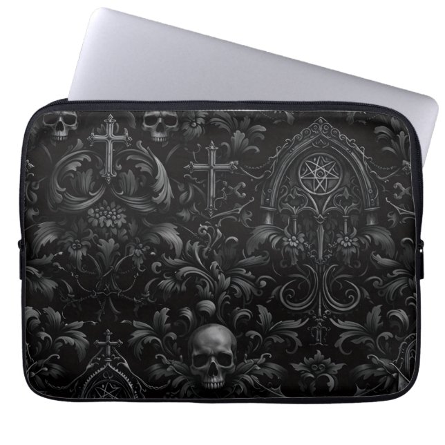 Black Gothic Baroque Skull Pattern Laptop Sleeve  (Front)