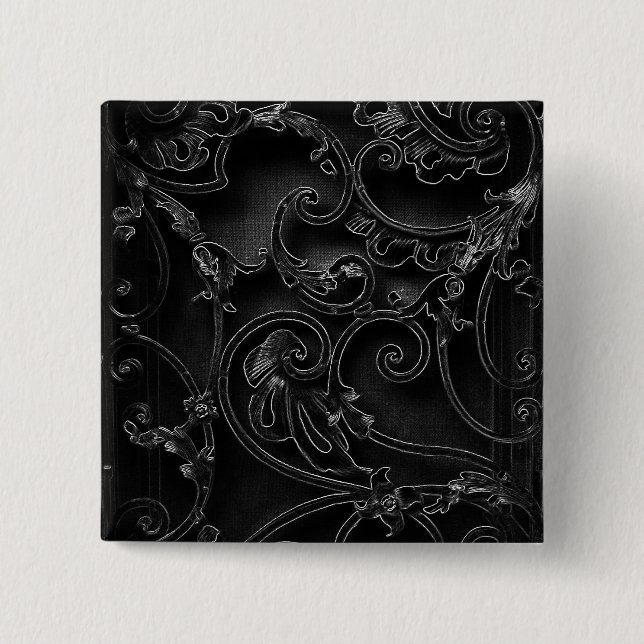 Black gothic baroque swirl pattern 2 inch square button (Front)