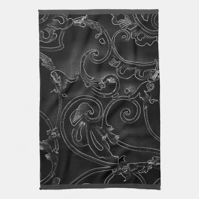 Black gothic baroque swirl pattern kitchen towel (Vertical)