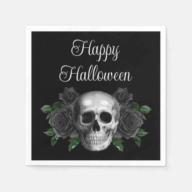 Black Gothic Black Floral Skull Halloween Napkin (Front)