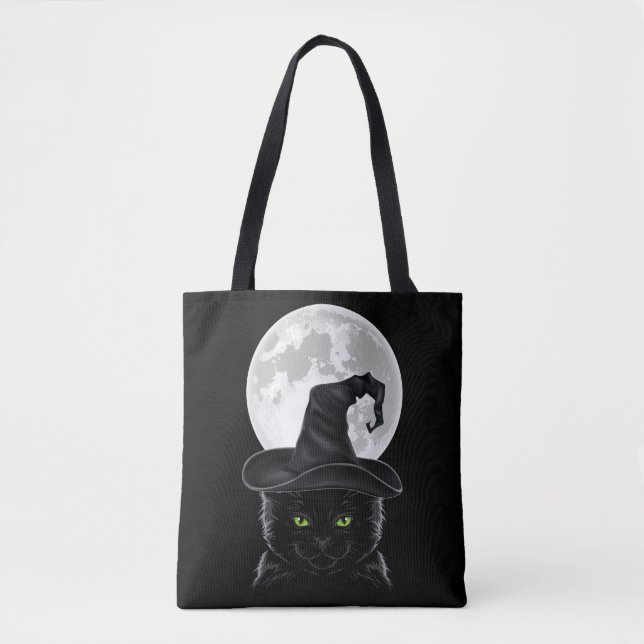 Black Gothic Cat Witch Hat Moon Pastel Goth Tote Bag (Front)