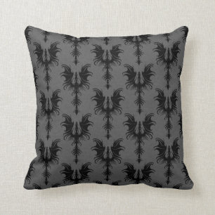 Black Gothic Dragons on Grey Pattern Throw Pillow