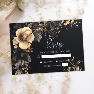 Black Gothic Floral Moody Dark Wedding RSVP Card