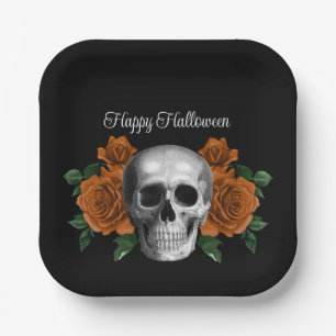 Black Gothic Floral Skull Halloween Paper Plate