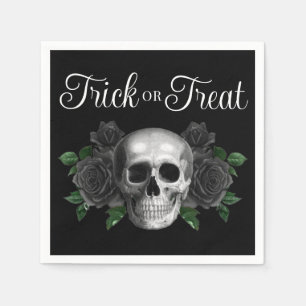 Black Gothic Floral Skull Trick Or Treat Halloween Napkin