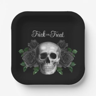 Black Gothic Floral Skull Trick Or Treat Halloween Paper Plate