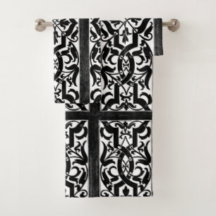 Black Gothic Flower Motif Bath Towel Set