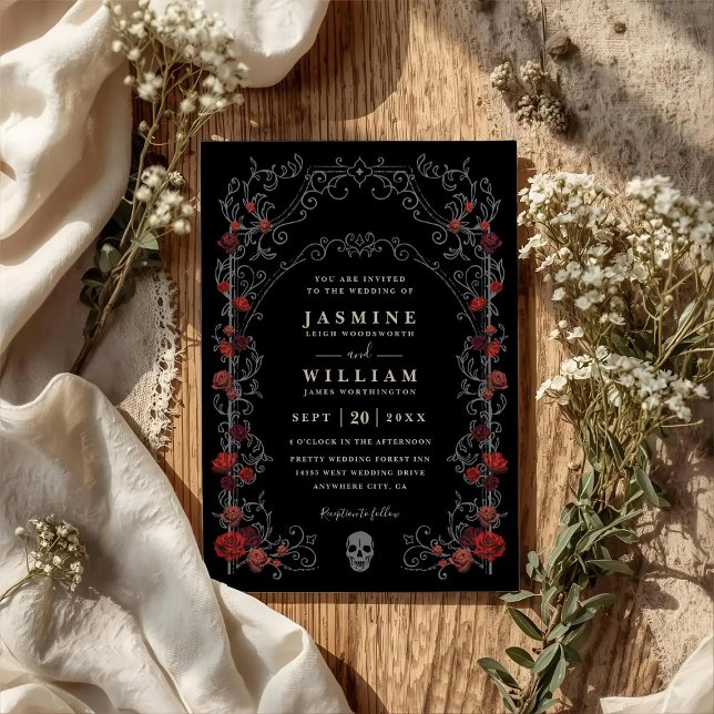 Black Gothic Gate Romance Elegant QR Code Wedding Invitation (Creator Uploaded)