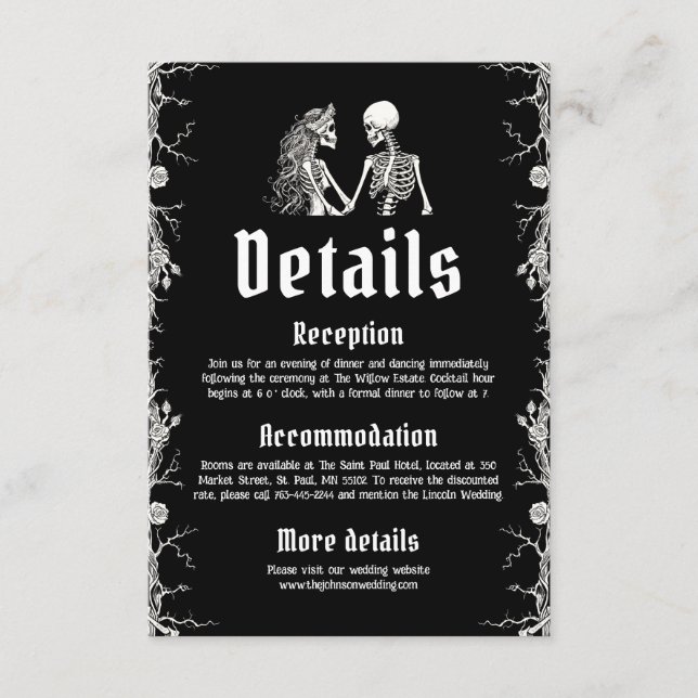 Black Gothic Halloween Skeletons Wedding Details Enclosure Card (Front)