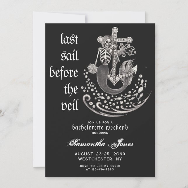 Black Gothic Mermaid Last Sail Veil Bachelorette Invitation (Front)