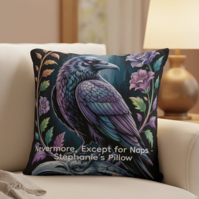 Black Gothic Raven with Floral Humour Throw Pillow (Personalized funny black gothic raven pillow
)