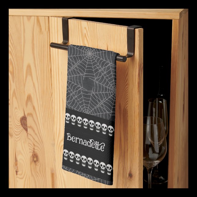 Black Gothic Skull and Spiderweb Name Design Kitchen Towel (Creator Uploaded)
