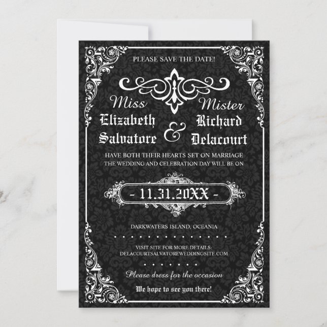 Black Gothic Victorian Damask Save the Dates Date (Front)