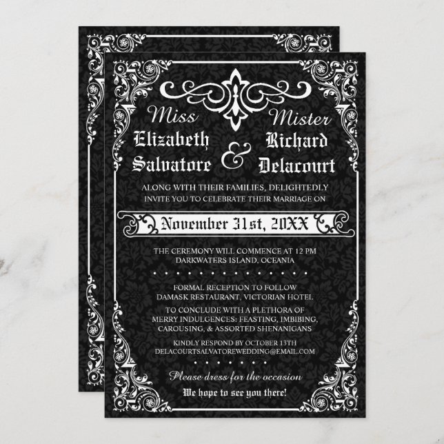 Black Gothic Victorian Damask Wedding Invitations (Front/Back)