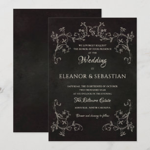 Black Gothic Victorian Lace Botanical Dark Wedding Invitation
