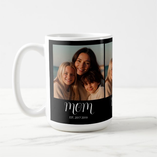 Black Graceful Script Mom Established 3 Photo  Coffee Mug (Left)