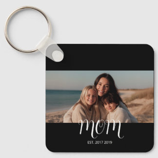 Black Graceful Script Mom Established Photo  Keychain