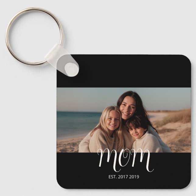 Black Graceful Script Mom Established Photo  Keychain (Front)
