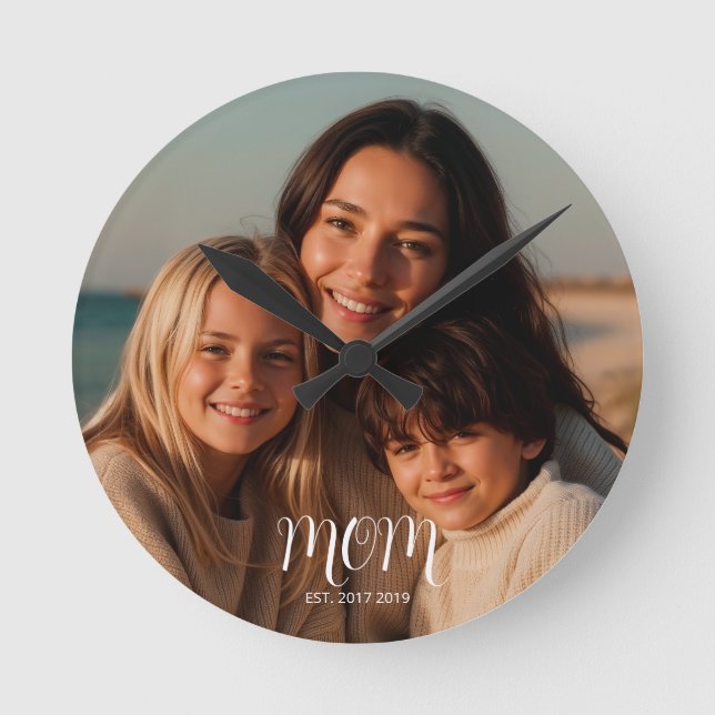 Black Graceful Script Mom Established Photo Round Clock (Front)