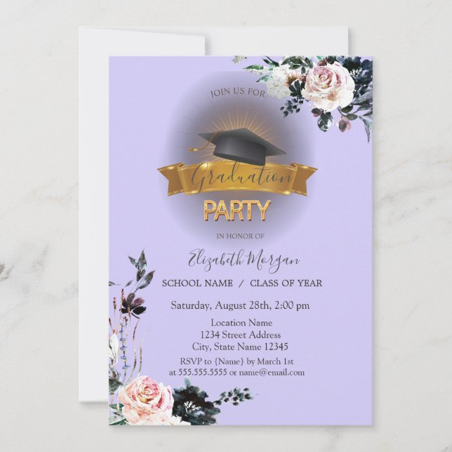 Black Grad Cap,Flowers Light Purple Graduation  Invitation (Front)
