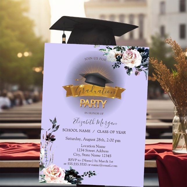 Black Grad Cap,Flowers Light Purple Graduation  Invitation (Creator Uploaded)